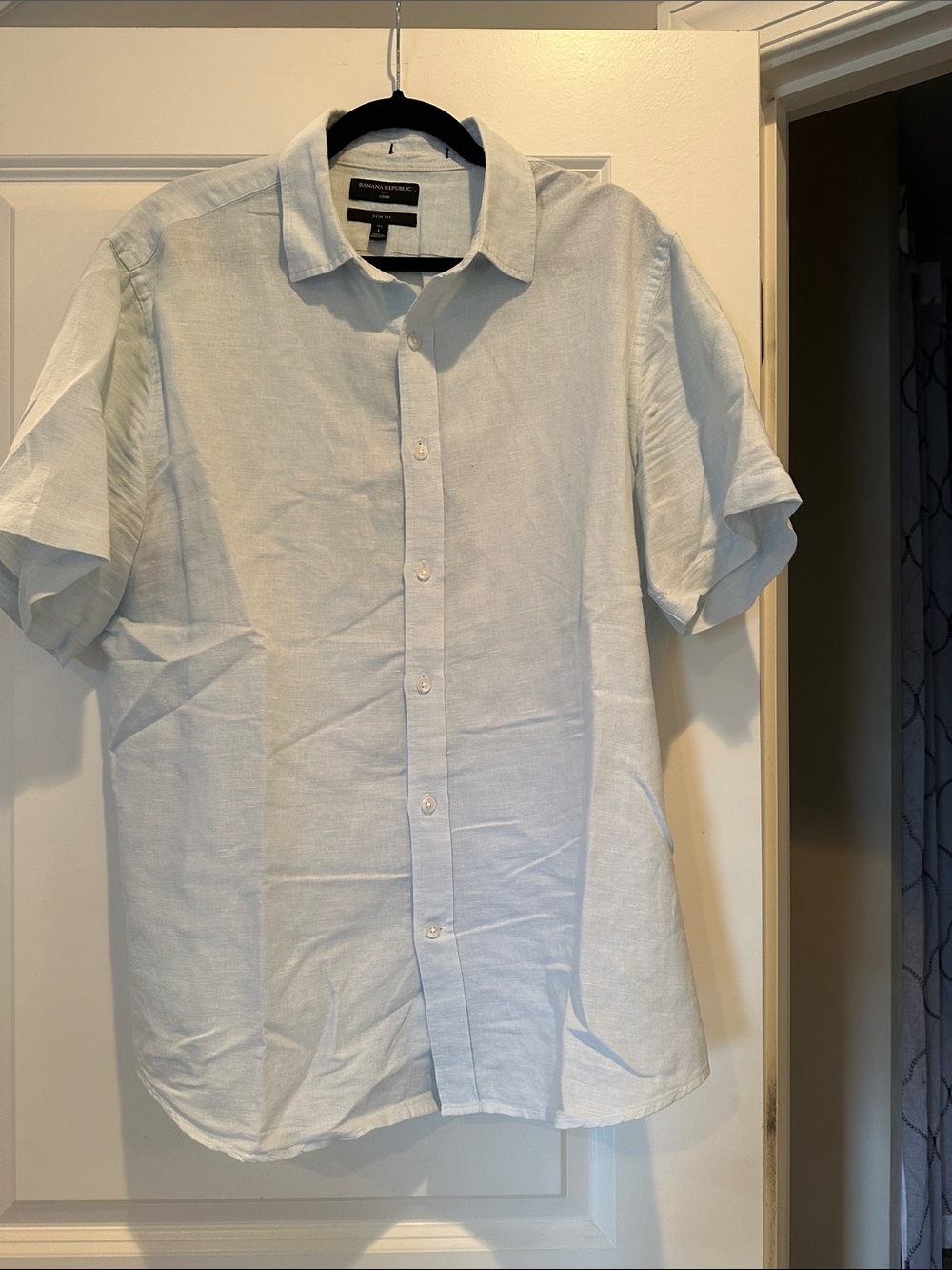 Banana Republic Men's Linen Lt Blue Short-Sleeve Button-Down Shirt size lg-tall